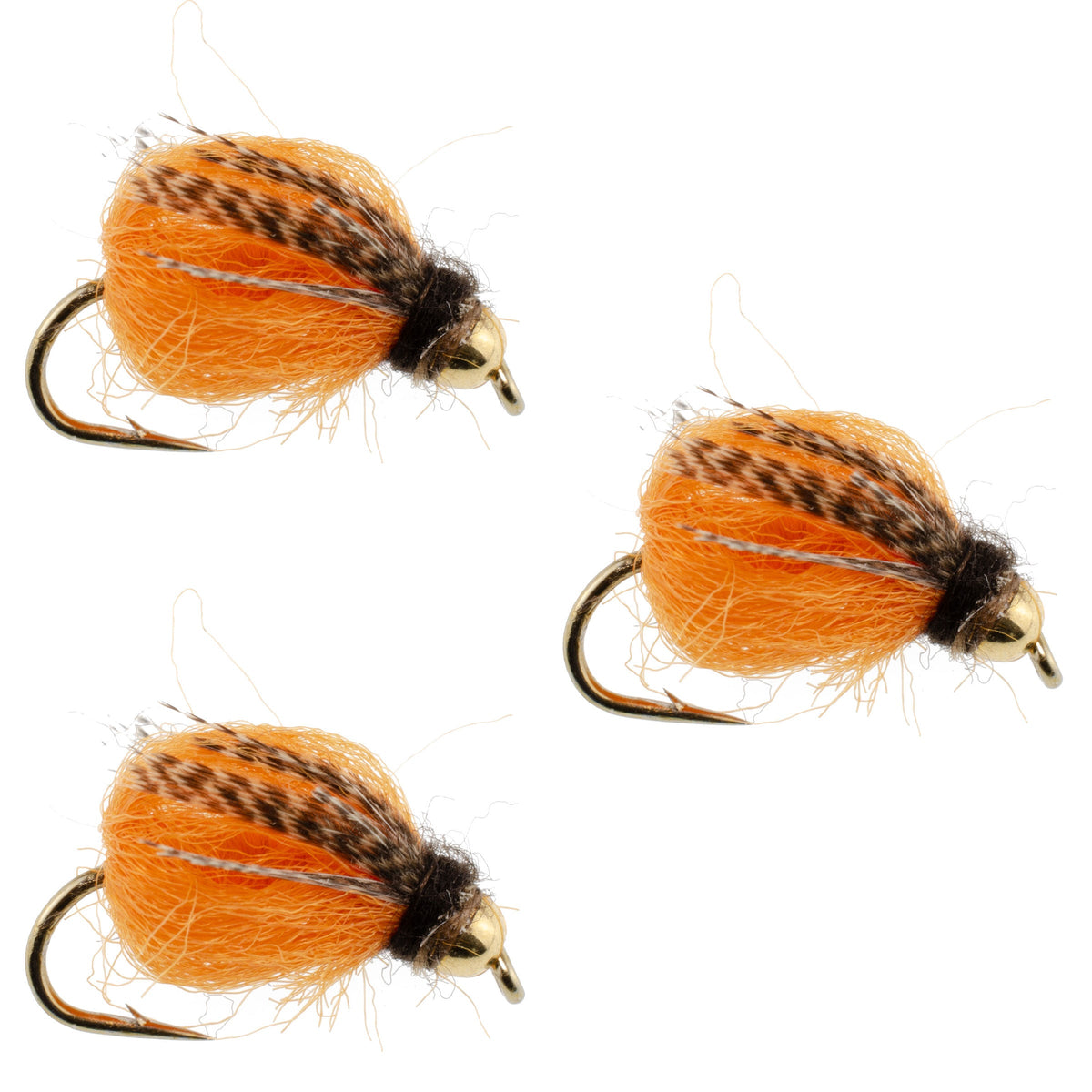 Three Bead Head LaFontaine Deep Sparkle October Caddis Pupa flies, size 8, for fly fishing, featuring burnt orange caddis emerger design.