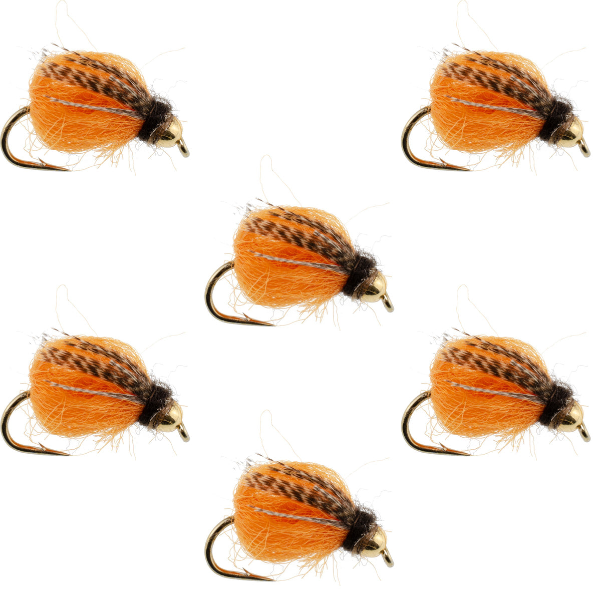Set of six Bead Head LaFontaine Deep Sparkle October Caddis Pupa flies, size 8, designed for fly fishing, with burnt orange and sparkle details.