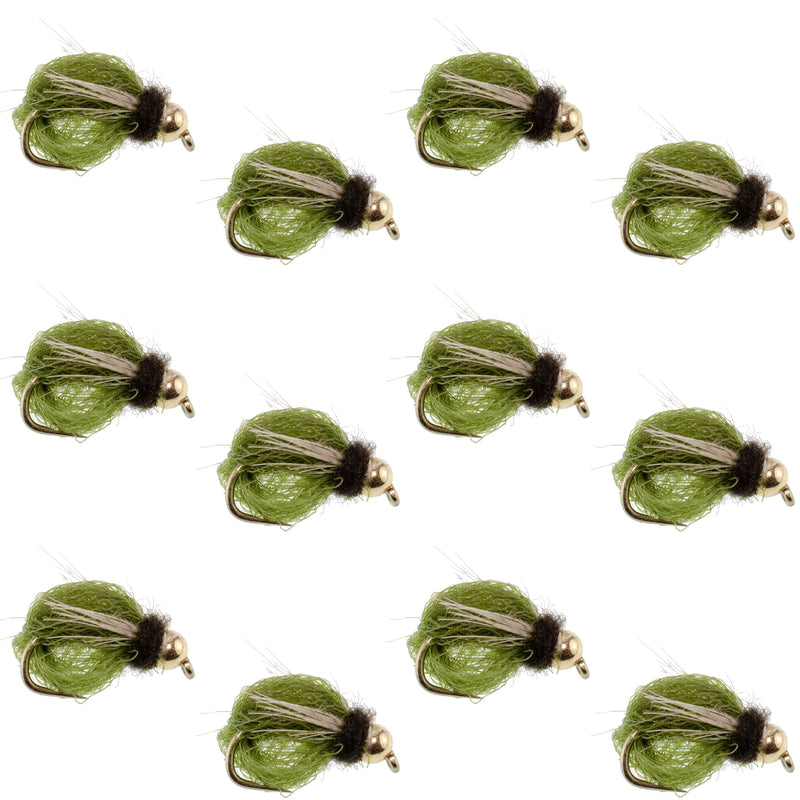 Bead Head LaFontaine Olive Deep Sparkle Caddis Pupa nymph flies, size 16, set of 12, used for fly fishing.
