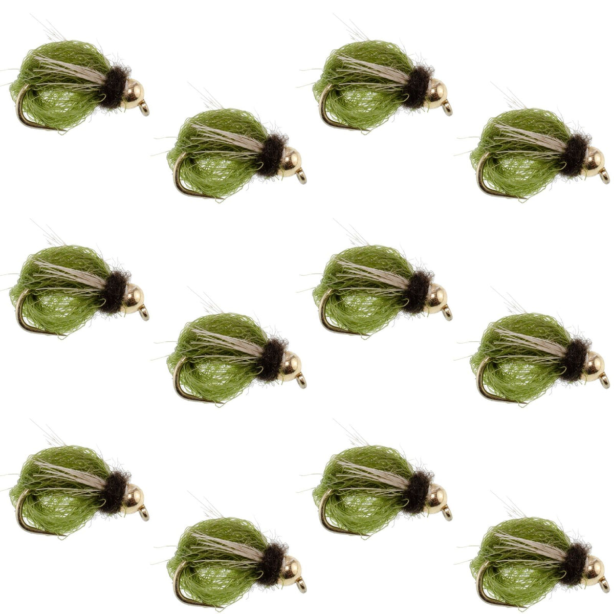 Bead Head LaFontaine Olive Deep Sparkle Caddis Pupa fly set of 12 for fly fishing, size 12, featuring shimmering caddis nymph
