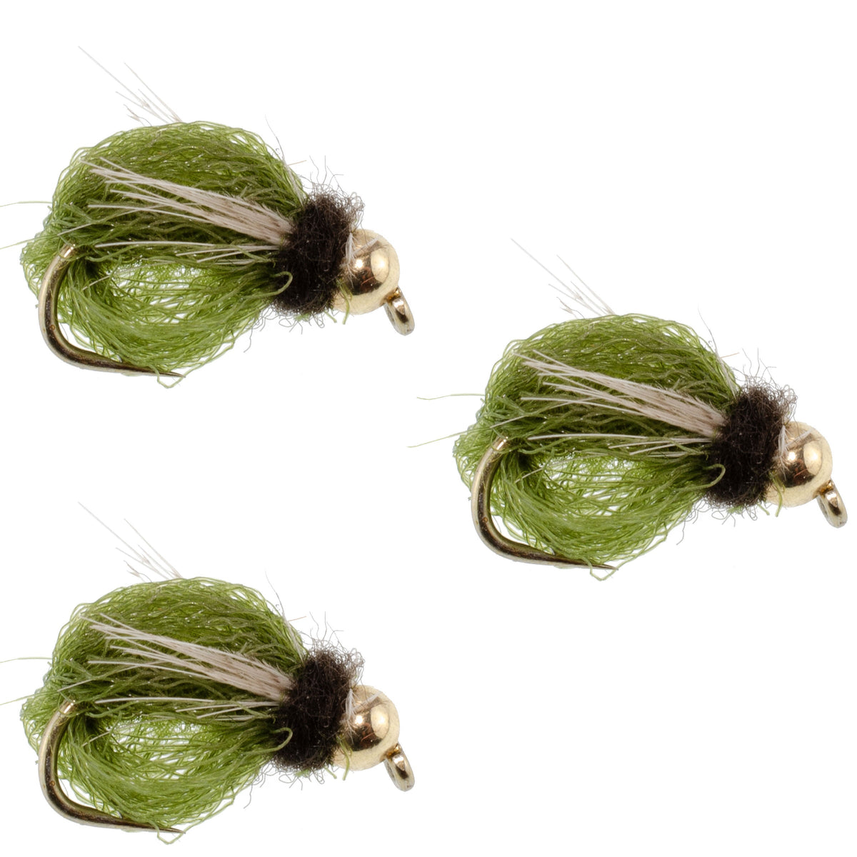 Set of three LaFontaine Olive Deep Sparkle Caddis Pupa nymph flies for fishing, size 14 hooks, by The Fly Fishing Place.