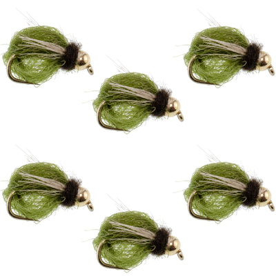 Bead Head LaFontaine Olive Deep Sparkle Caddis Pupa fly set with six size 18 nymph flies for fly fishing.