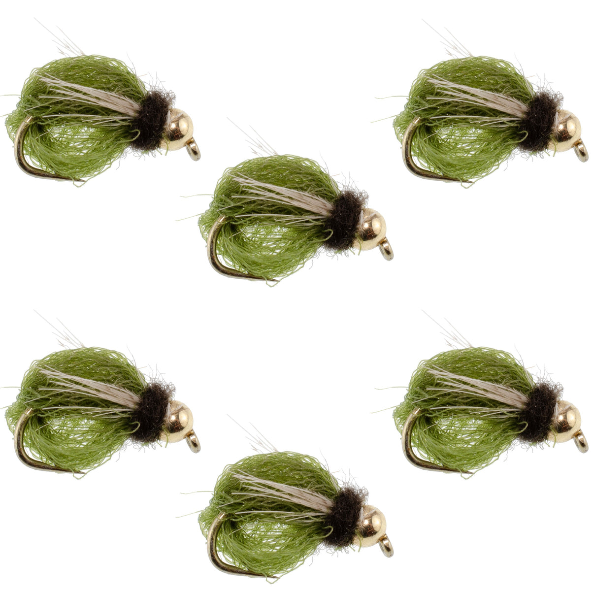 Set of six LaFontaine Olive Deep Sparkle Caddis Pupa nymph flies with size 12 hooks for fly fishing.