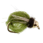 Bead Head LaFontaine Olive Deep Sparkle Caddis Pupa fly on hook size 12, designed for fly fishing, with a shimmering olive body.