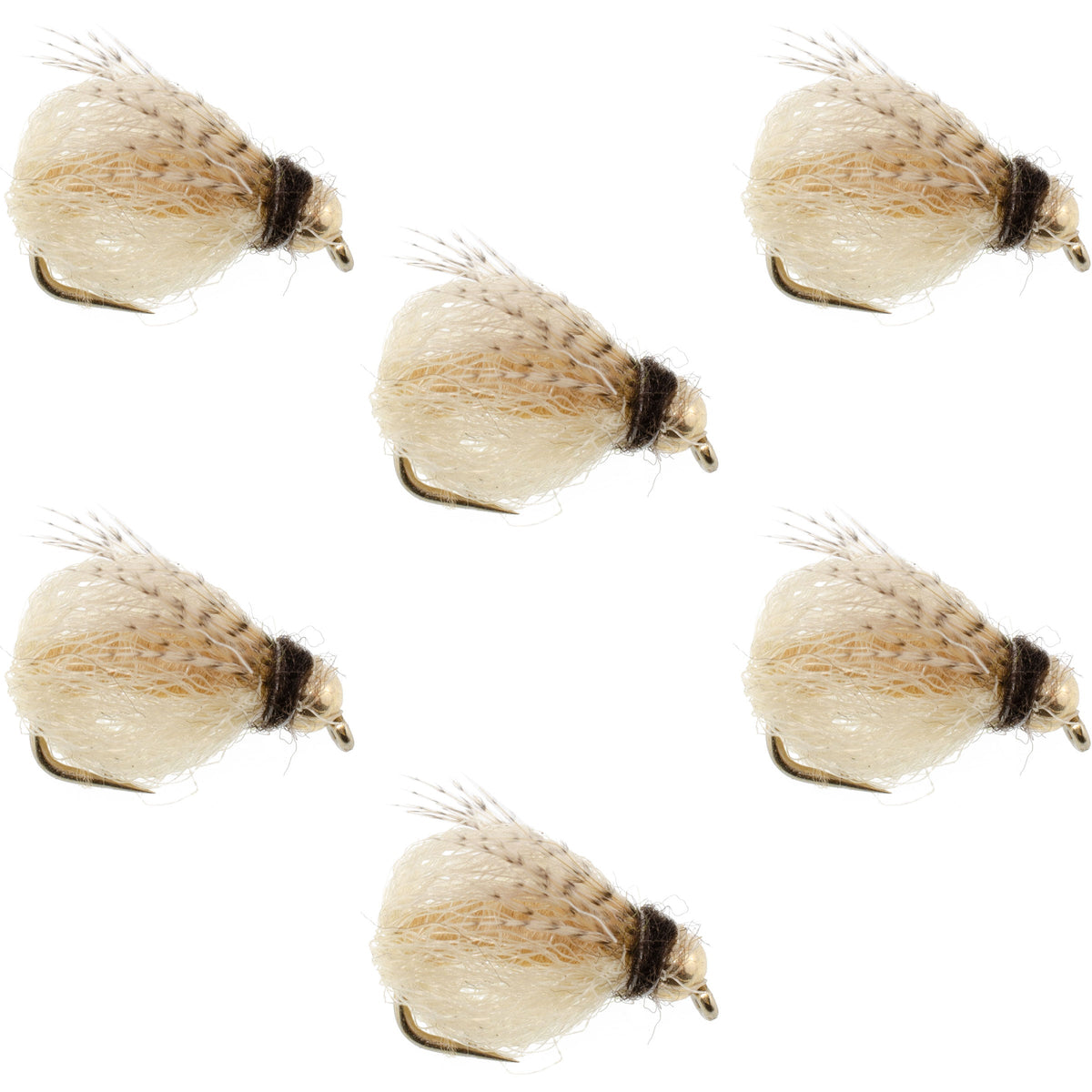 Set of six Bead Head LaFontaine Tan Deep Sparkle Caddis Pupa nymph flies with hooks, ideal for fly fishing, size 16.