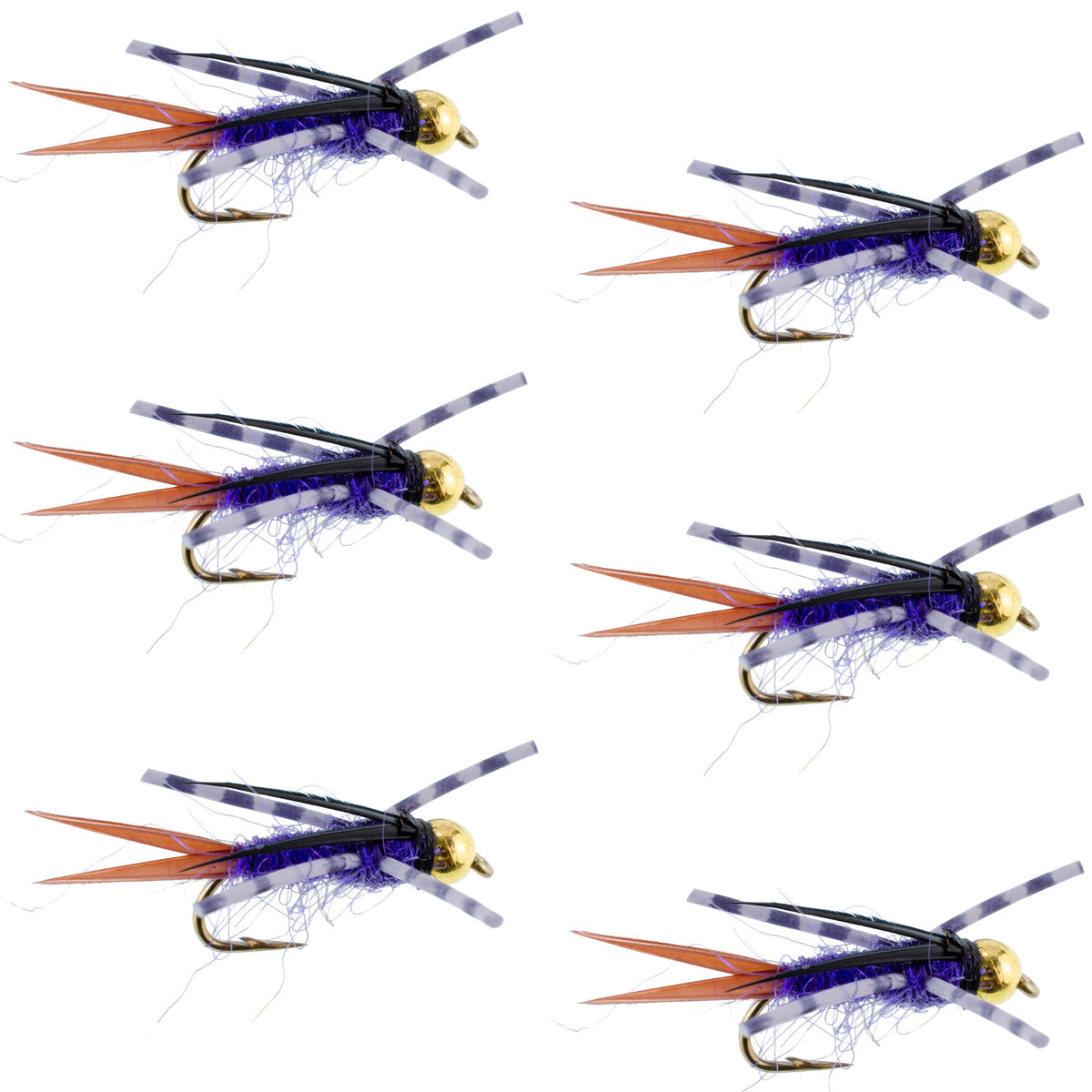Set of six purple Batman rubber legs nymph flies for trout fishing, size 14, by The Fly Fishing Place, featuring detailed fly hooks.