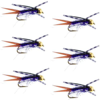 Set of six purple Batman rubber legs nymph flies for trout fishing, size 14, by The Fly Fishing Place, featuring detailed fly hooks.