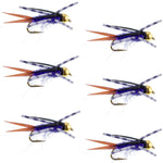 Set of six purple Batman rubber legs nymph flies for trout fishing, size 10, by The Fly Fishing Place, with detailed hook and fly design.