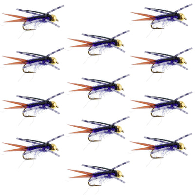 Set of 12 Purple Batman Rubber Legs Nymph Trout Wet Flies with hooks, designed for fly fishing by The Fly Fishing Place.