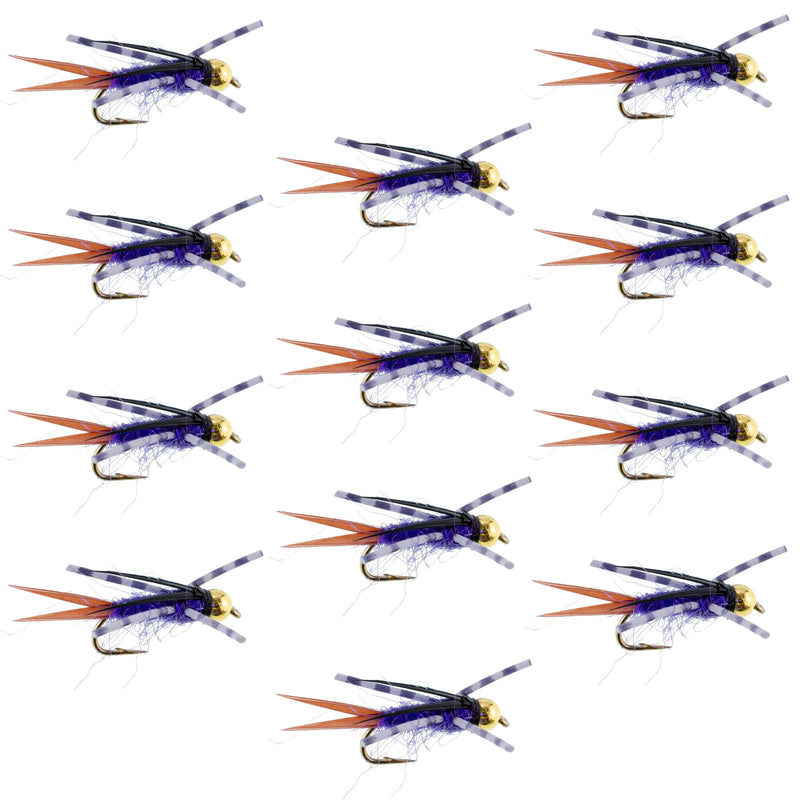 Set of 12 Purple Batman Rubber Legs Nymph Trout Wet Flies with hooks, designed for fly fishing by The Fly Fishing Place.