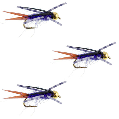 Set of three purple Batman rubber legs nymph flies for trout fishing, size 14, featuring detailed hook and fly design.