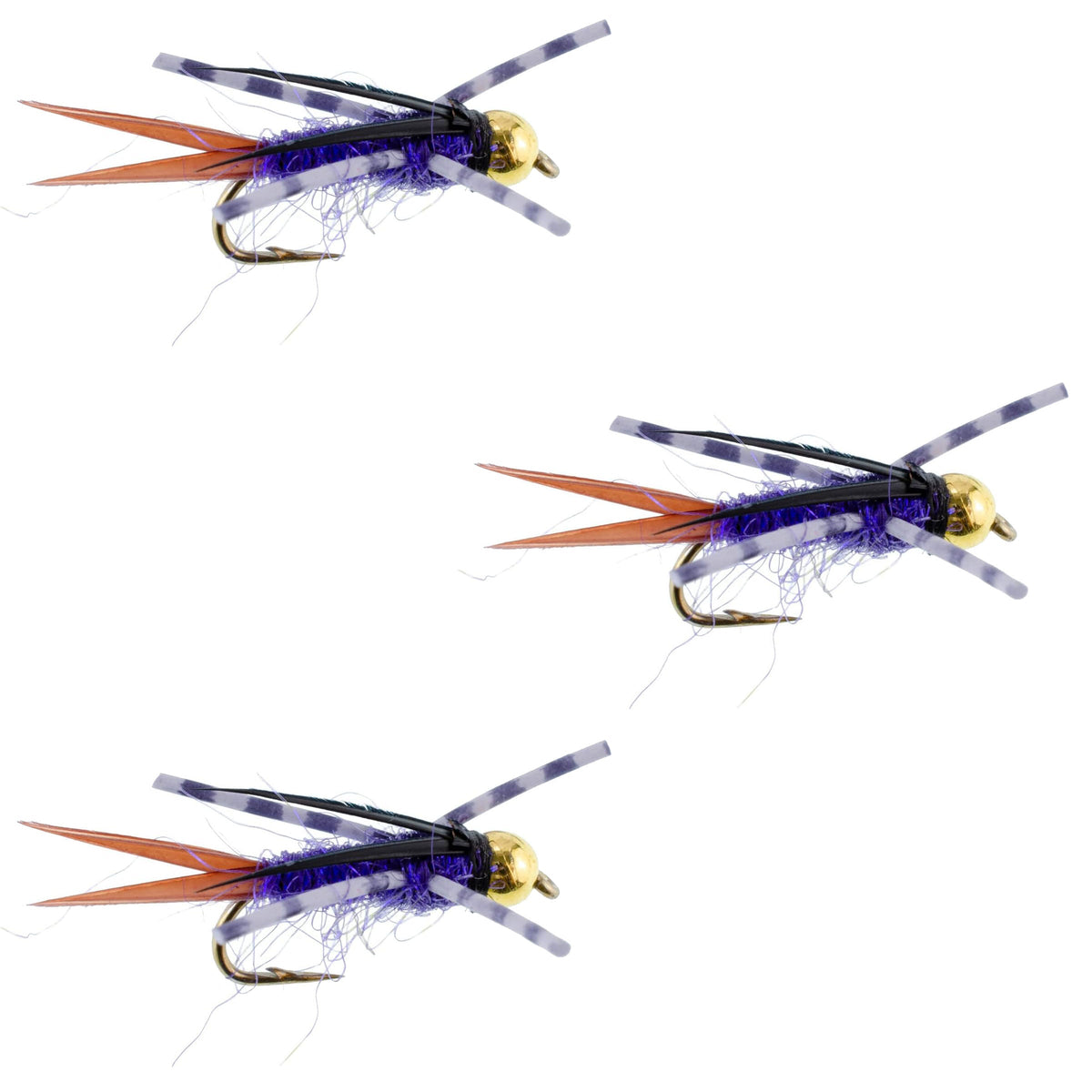 Set of three purple Batman Rubber Legs Nymph flies for trout fishing, size 10 hooks, featuring vibrant rubber leg details.