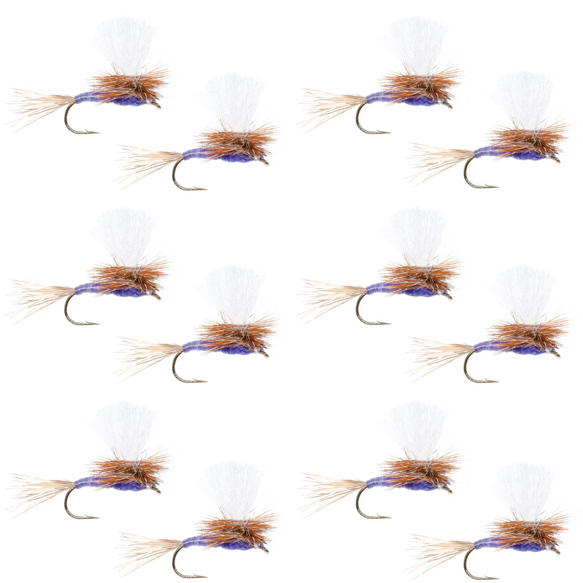 Set of 12 Purple Haze Dry Flies for trout fishing, size 18, by The Fly Fishing Place, featuring purple and natural insect patterns.