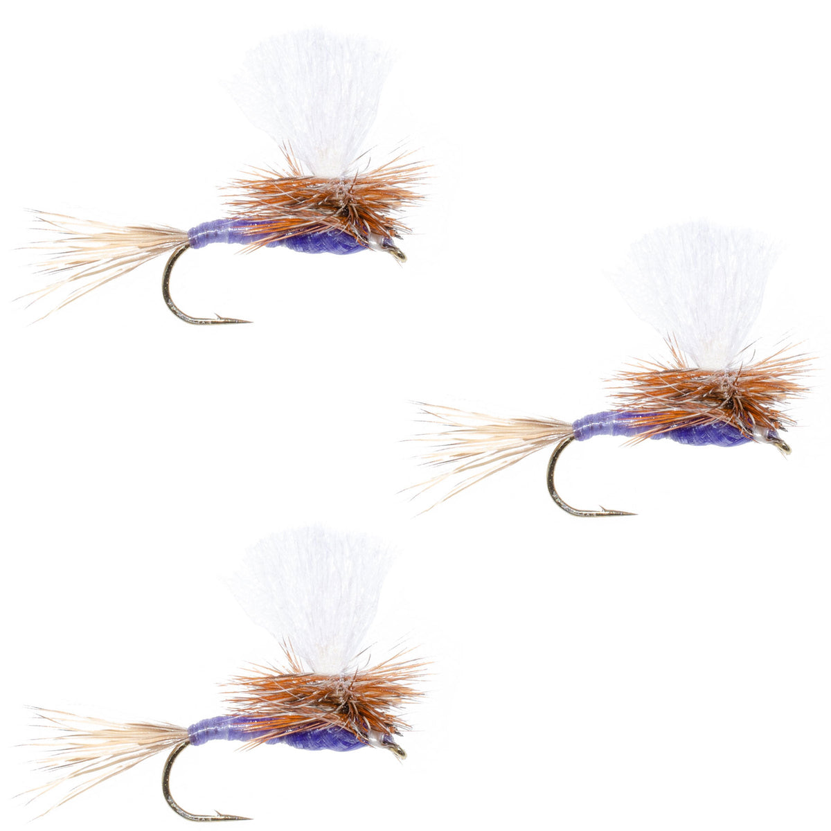 Set of three Purple Haze parachute dry flies in size 20 for trout fishing by The Fly Fishing Place.
