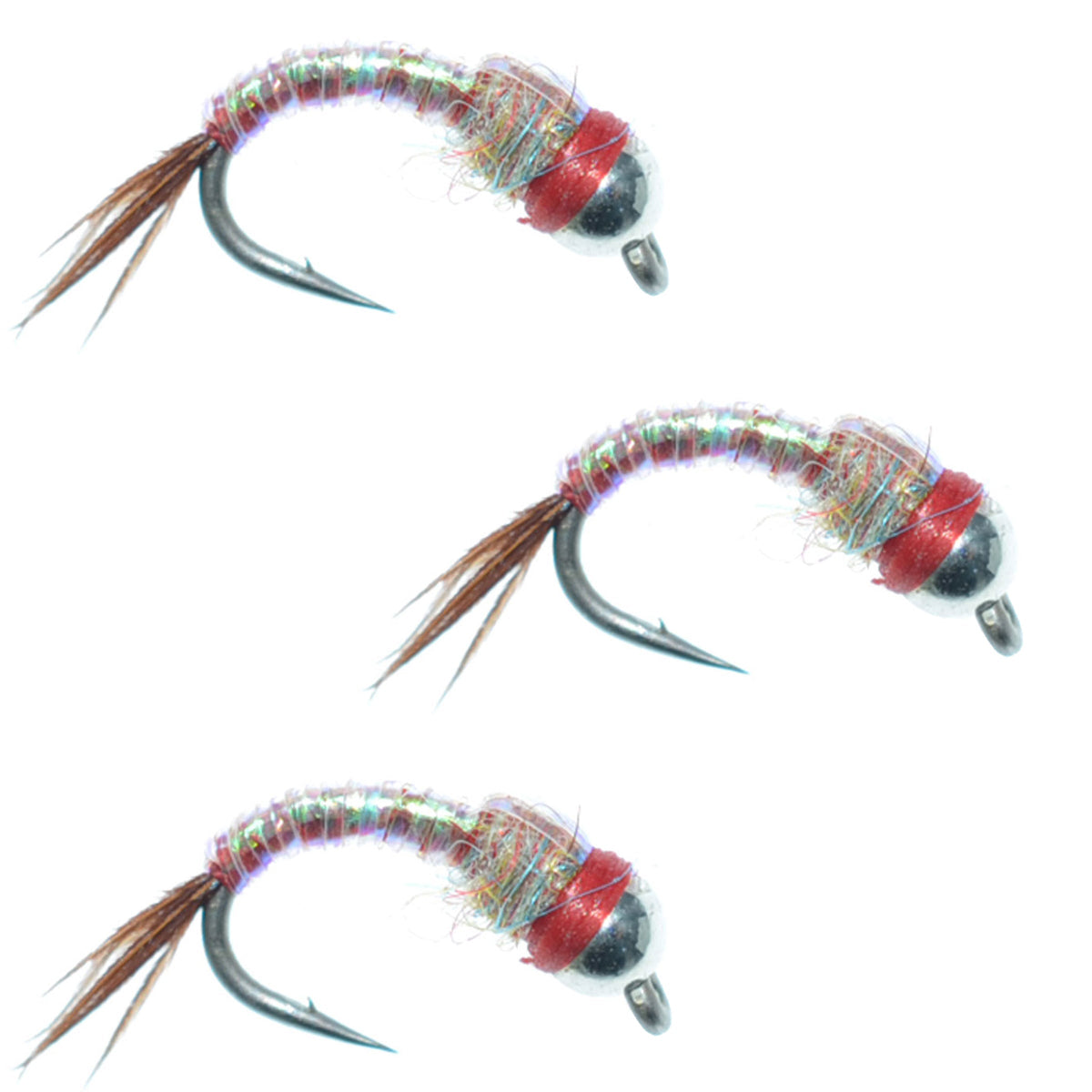 Set of 3 rainbow warrior nymph wet flies for trout fishing by The Fly Fishing Place, size 16, with colorful bead heads and hook details.