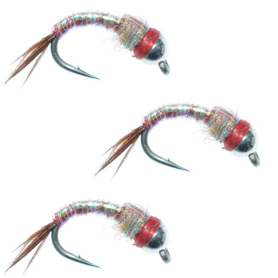 Set of 3 rainbow warrior nymph wet flies for trout fishing by The Fly Fishing Place, size 16, with colorful bead heads and hook details.