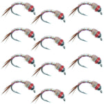 Set of 12 Bead Head Rainbow Warrior Nymph flies for trout fishing, size 18, featuring colorful silver beads from The Fly Fishing Place.