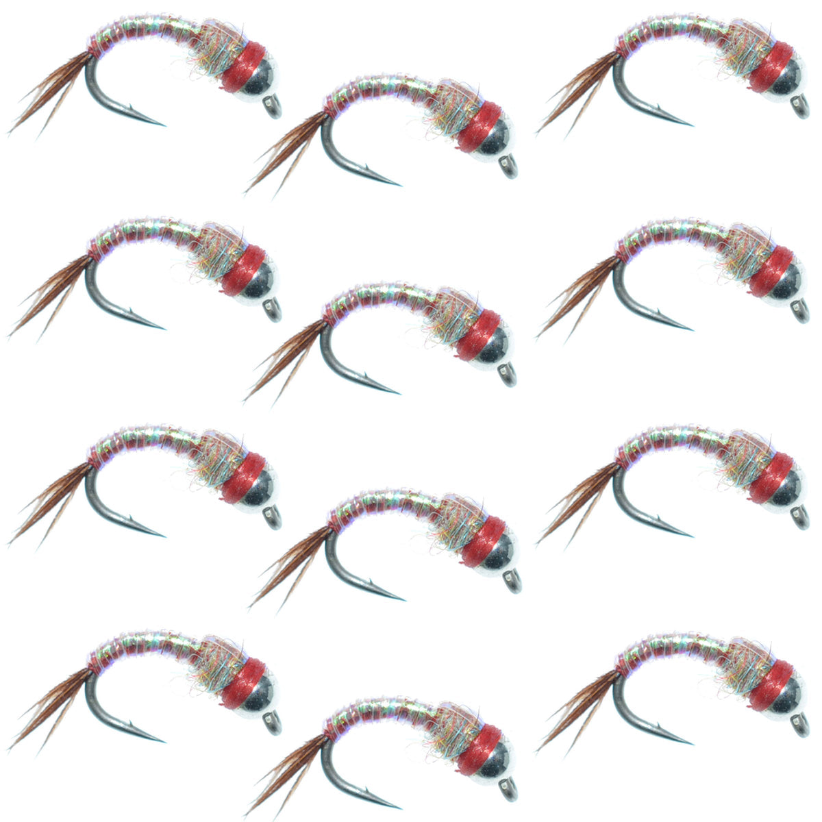Set of 12 Bead Head Rainbow Warrior Nymph flies for trout fishing, size 18, featuring colorful silver beads from The Fly Fishing Place.