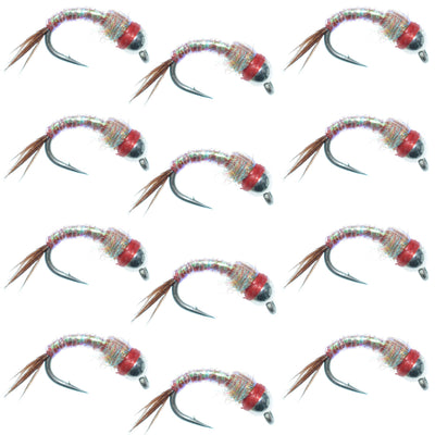 Set of 12 Bead Head Rainbow Warrior Nymph flies for trout fishing, size 18, featuring colorful silver beads from The Fly Fishing Place.