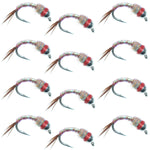 Set of 12 Bead Head Rainbow Warrior Nymph Trout Wet Flies by The Fly Fishing Place, size 16, with colorful rainbow and silver bead details.