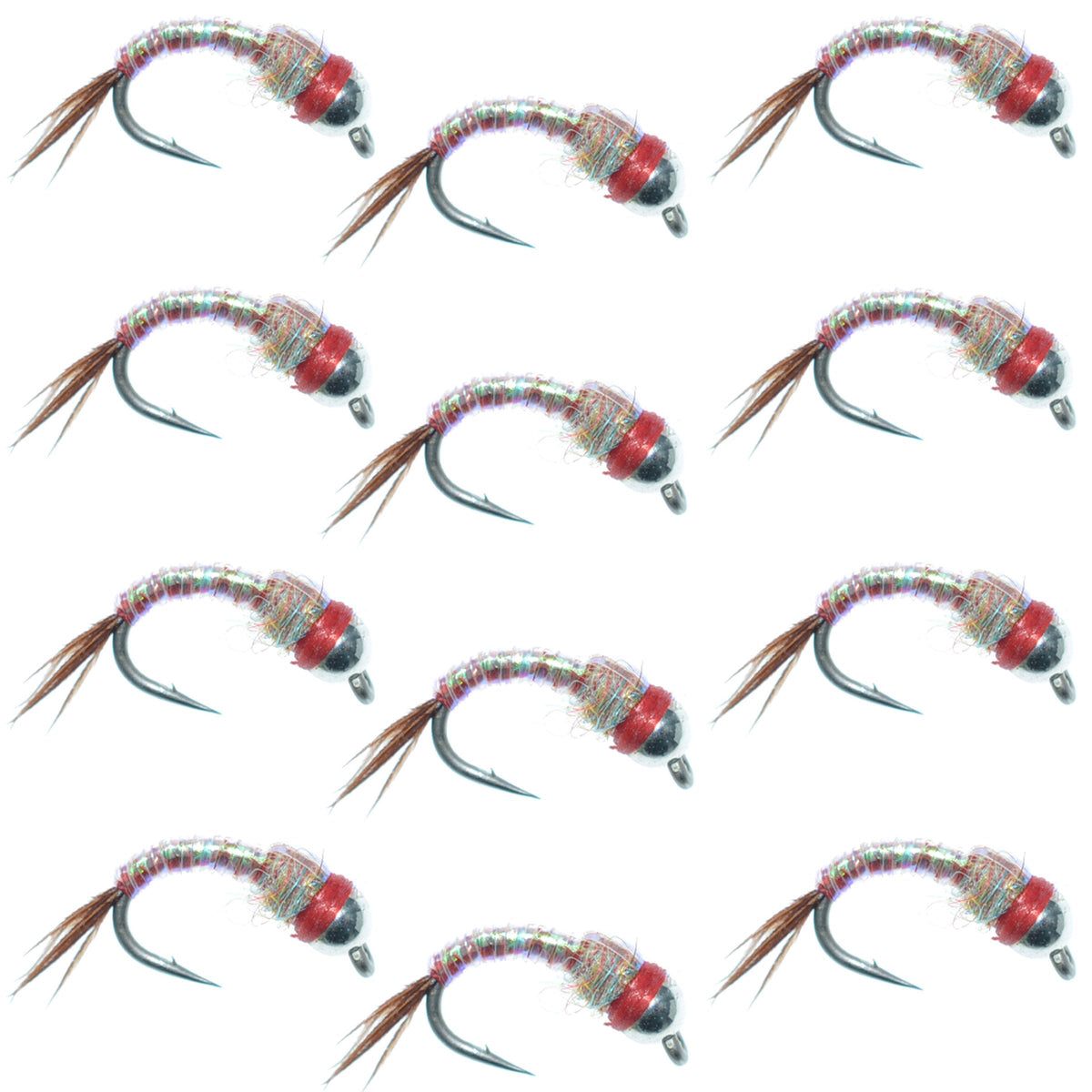 Set of 12 Bead Head Rainbow Warrior Nymph Trout Wet Flies by The Fly Fishing Place, size 16, with colorful rainbow and silver bead details.