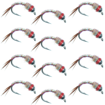 Set of 12 Bead Head Rainbow Warrior Nymph Trout Wet Flies by The Fly Fishing Place, size 16, with colorful rainbow and silver bead details.