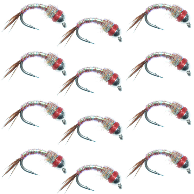 Set of 12 Bead Head Rainbow Warrior Nymph Trout Wet Flies by The Fly Fishing Place, size 16, with colorful rainbow and silver bead details.