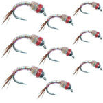 Rainbow Warrior Midges trout wet flies in sizes 14, 16, and 18 with silver beads, designed for fly fishing.