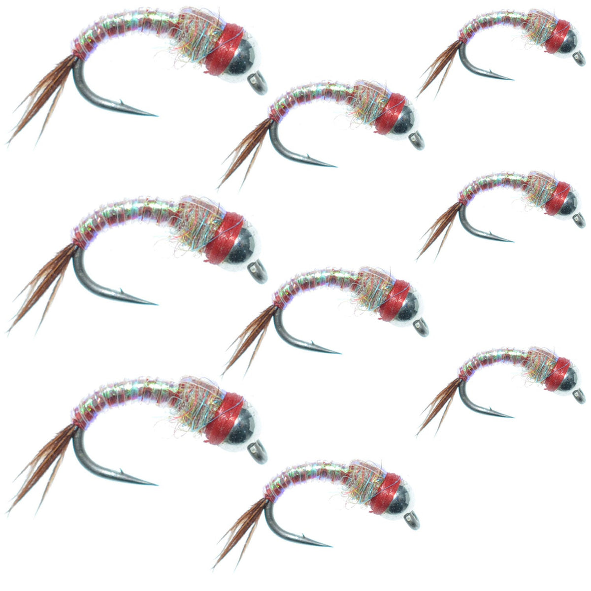 Rainbow Warrior Midges trout wet flies in sizes 14, 16, and 18 with silver beads, designed for fly fishing.