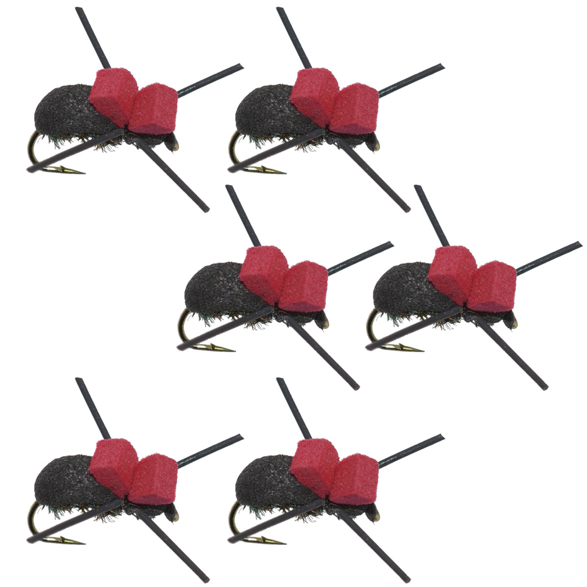 Set of six red and black foam beetle dry flies for trout fishing, size 14, from The Fly Fishing Place.