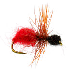 Three velvet trout dry flies with red, black, and fur ant patterns, size 12 hooks, designed for terrestrial fishing.
