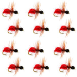 Set of 12 velvet cowkiller ant wasp trout dry flies with red, black fur, and hooks, size 12 for fly fishing.