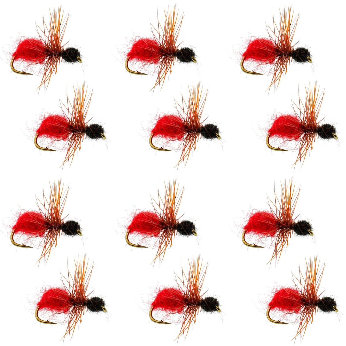 Set of 12 velvet cowkiller ant wasp trout dry flies with red, black fur, and hooks, size 12 for fly fishing.