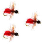 Set of three velvet trout dry flies with red, black fur, and ant patterns, size 12, for fly fishing by The Fly Fishing Place