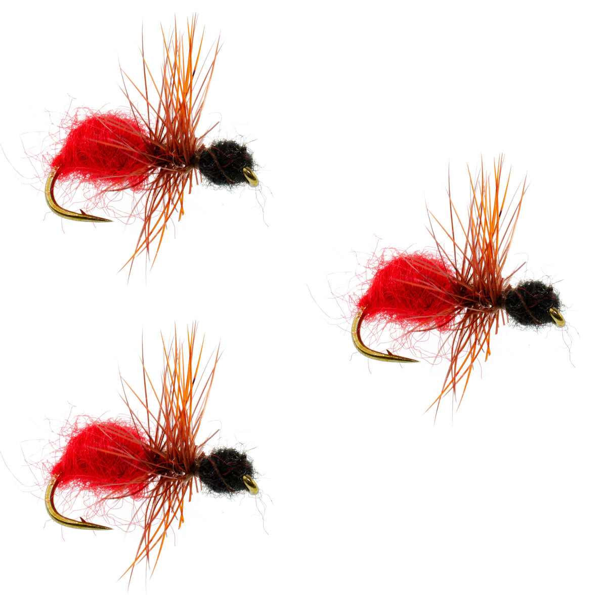 Set of three velvet trout dry flies with red, black fur, and ant patterns, size 12, for fly fishing by The Fly Fishing Place