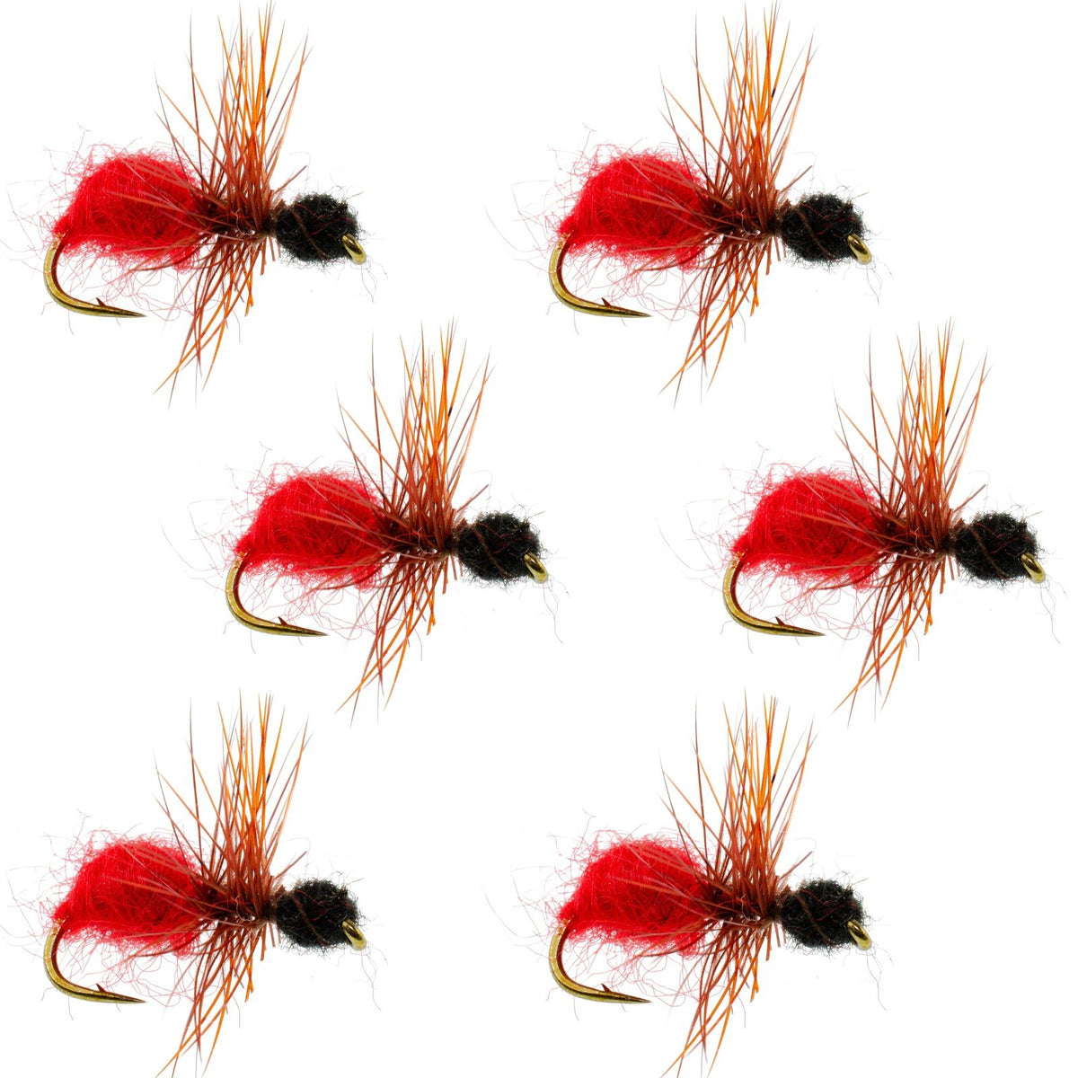 Velvet Cowkiller Ant Wasp dry flies set of 6 for trout fishing, featuring red-black fur detail, hook size 12.