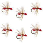 Red fur flying ant trout dry fly with white hackle, size 14, part of a set of six fishing flies for trout fishing.