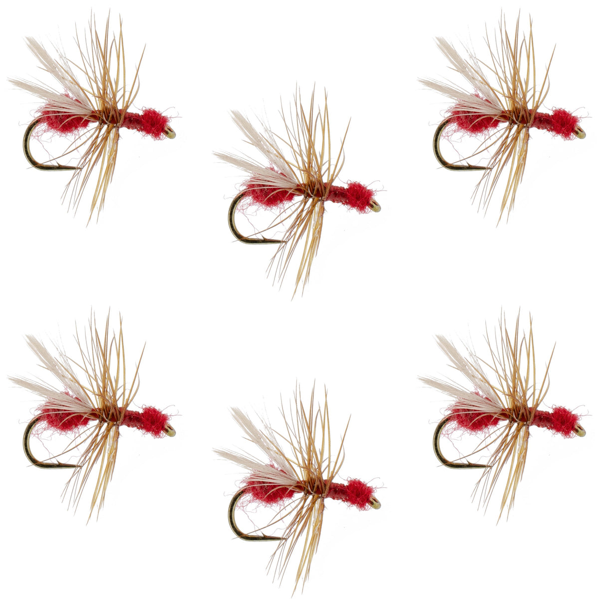 Red fur flying ant trout dry fly with white hackle, size 14, part of a set of six fishing flies for trout fishing.