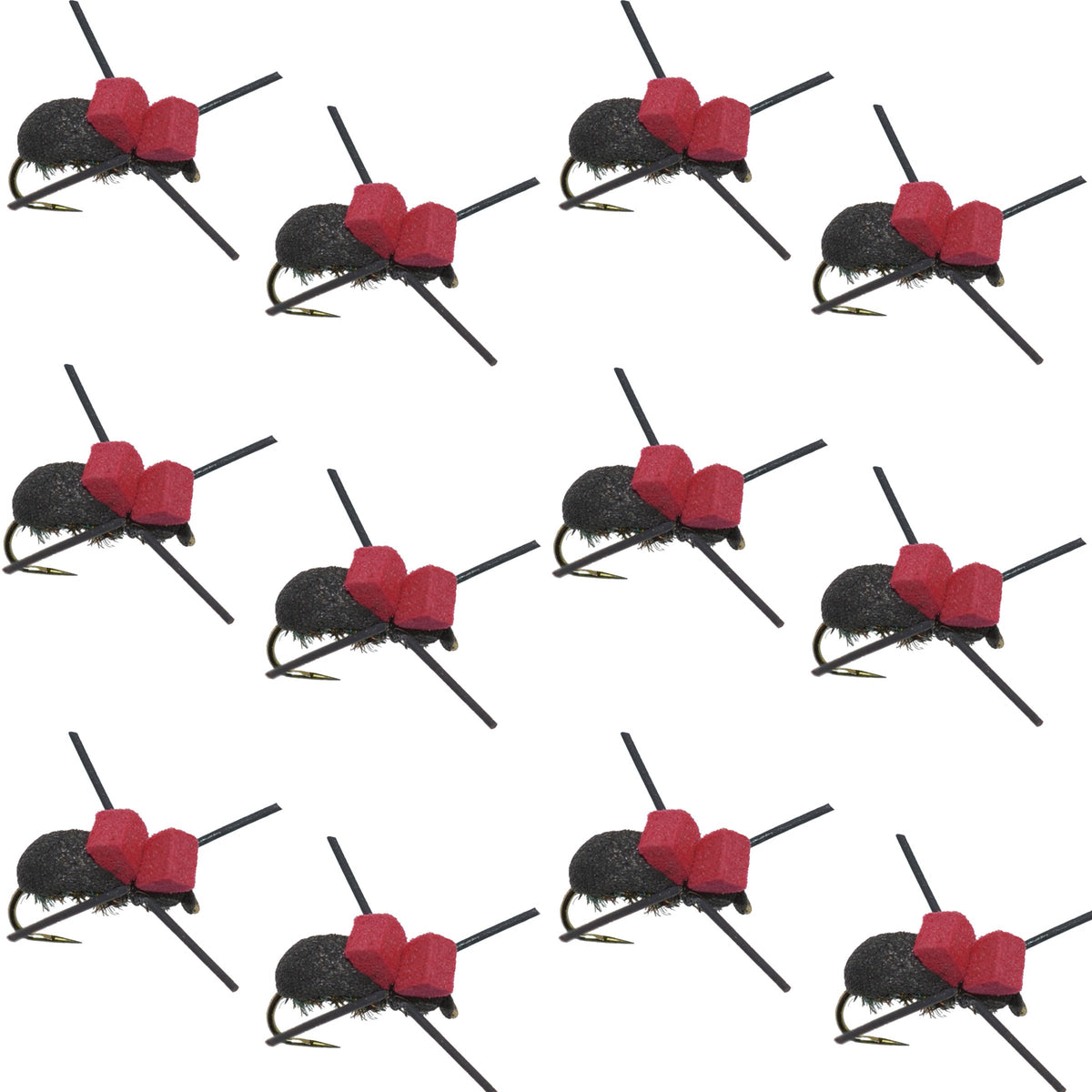 Set of 12 red-top black foam beetle trout dry flies for fishing, size 14, by The Fly Fishing Place, barbless aquatic insect imitation