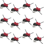 Set of 12 barbless red top black foam beetle trout dry flies for fishing, size 14, by The Fly Fishing Place.