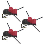 Set of three barbless red-top black foam beetle dry flies for trout fishing, size 14, by The Fly Fishing Place.