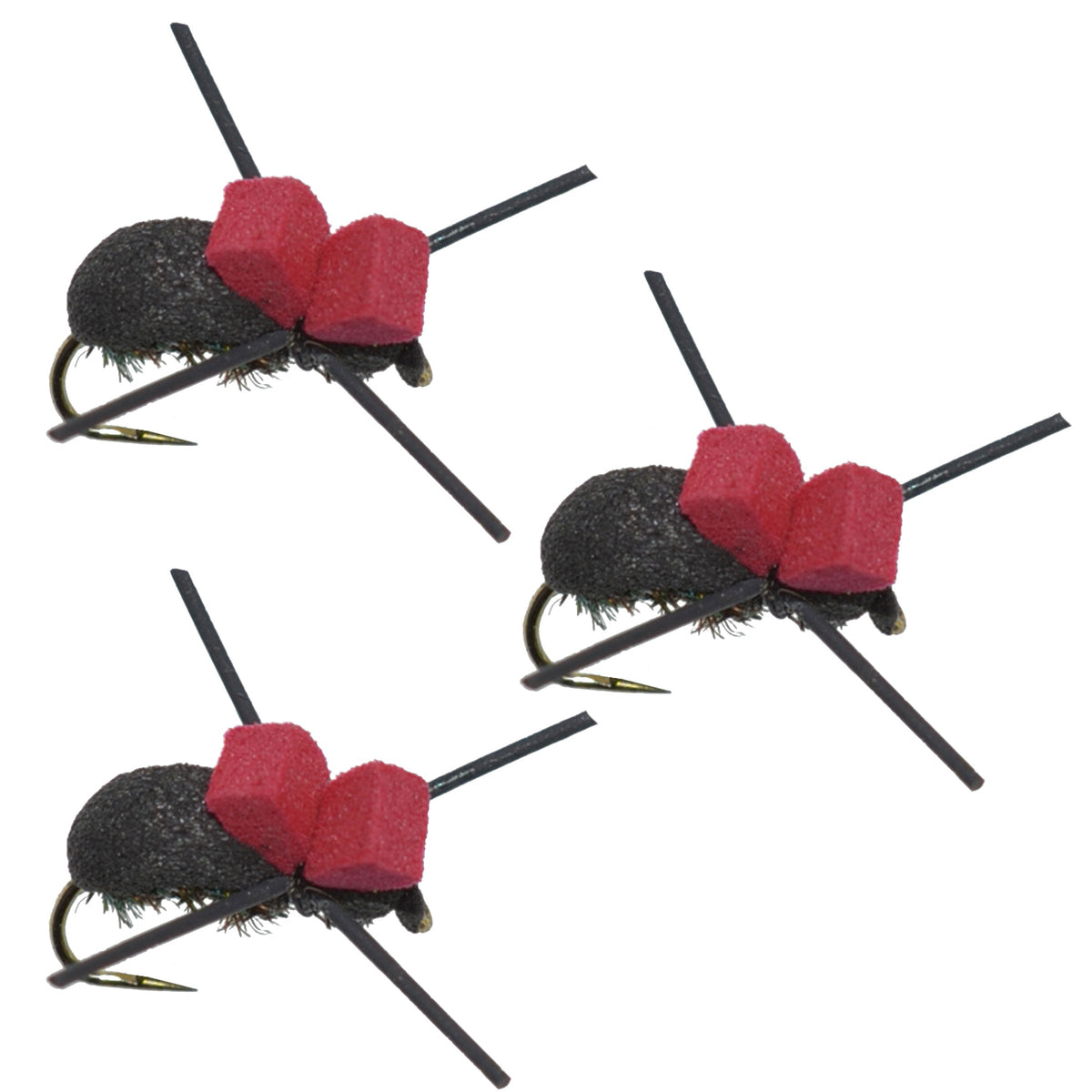 Set of three red-top black foam beetle dry flies for trout fishing, size 14, barbless hooks, designed for fly fishing enthusiasts.