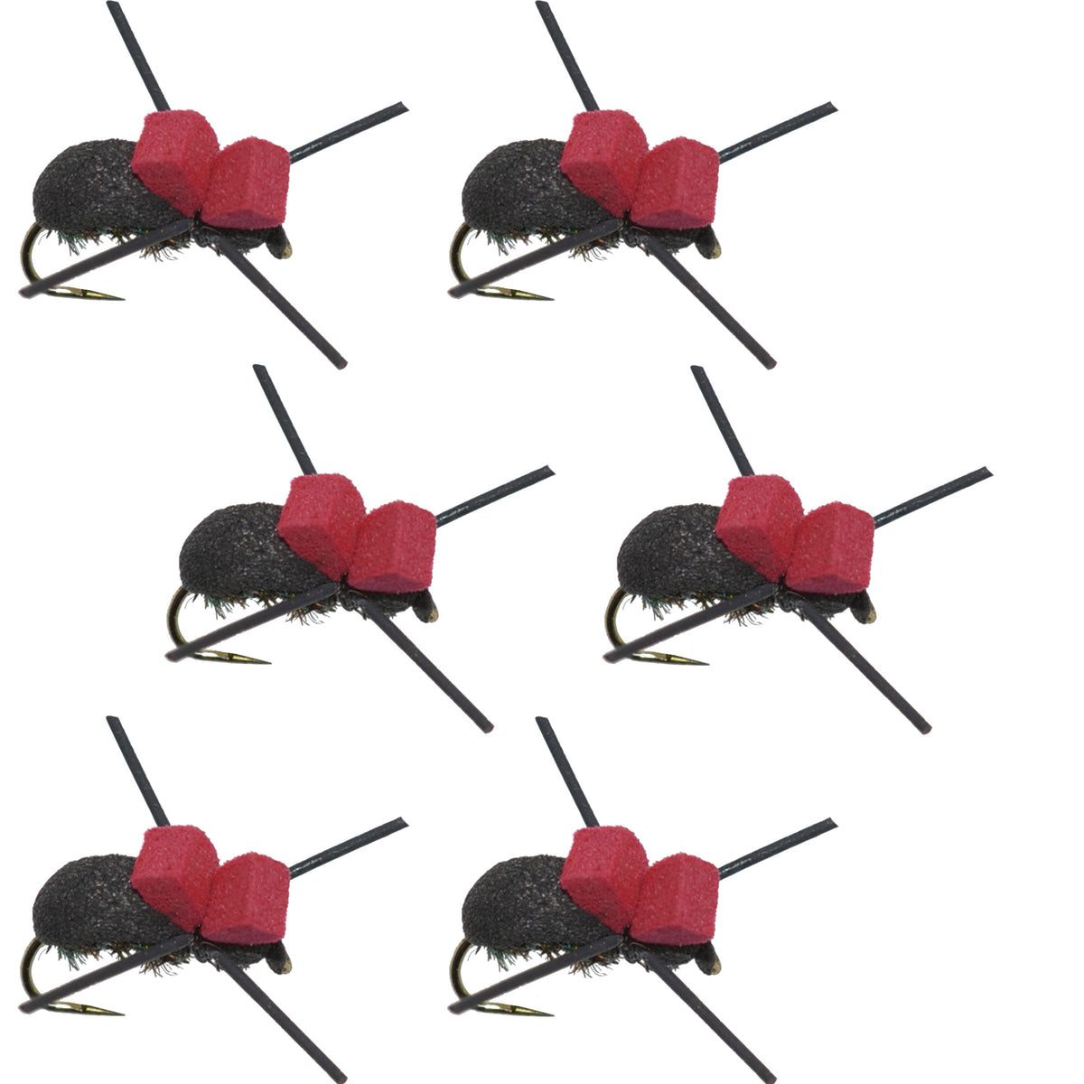 Set of six red-top black foam trout dry flies for fishing, size 14, barbless beetle terrestrial flies for fly fishing.