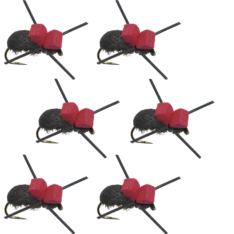 Set of six red-top black foam trout dry flies for fishing, size 14, barbless beetle terrestrial flies for fly fishing.