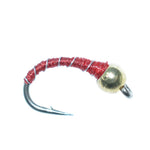 Three red zebra beaded nymph hooks for trout fishing, size 18, with detailed bead and fly pattern, by The Fly Fishing Place.