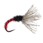 Red Zebra Sakasa Kebari Tenkara fly, size 12, designed for fly fishing, featuring a red and zebra pattern on a classic nymph style.