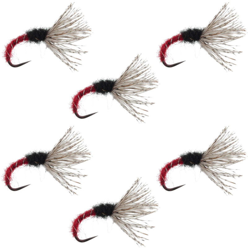 Set of six Red Zebra Sakasa Kebari Tenkara flies in size 12, designed for fly fishing, featuring vibrant red and zebra pattern.