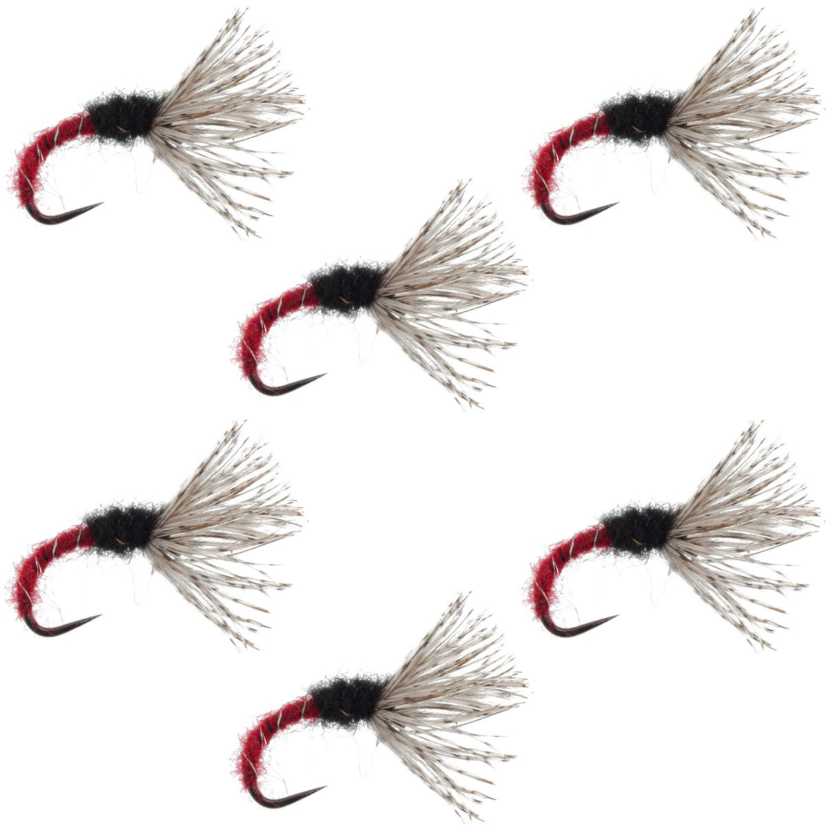 Set of six Red Zebra Sakasa Kebari Tenkara flies, size 16, fishing nymphs with red and zebra pattern for fly fishing.