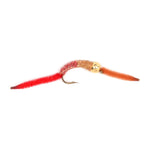 Three San Juan Bead Head Power Worm wet flies in half brown and half red with V-rib, size 14 hooks, designed for trout fishing.
