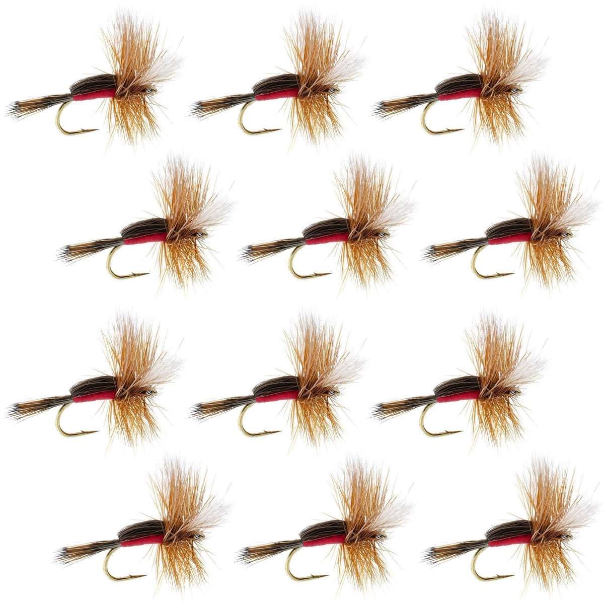 Set of 12 Royal Humpy Classic Hair Wing Dry Flies for trout fishing, size 14, featuring realistic feathered wings and detaile